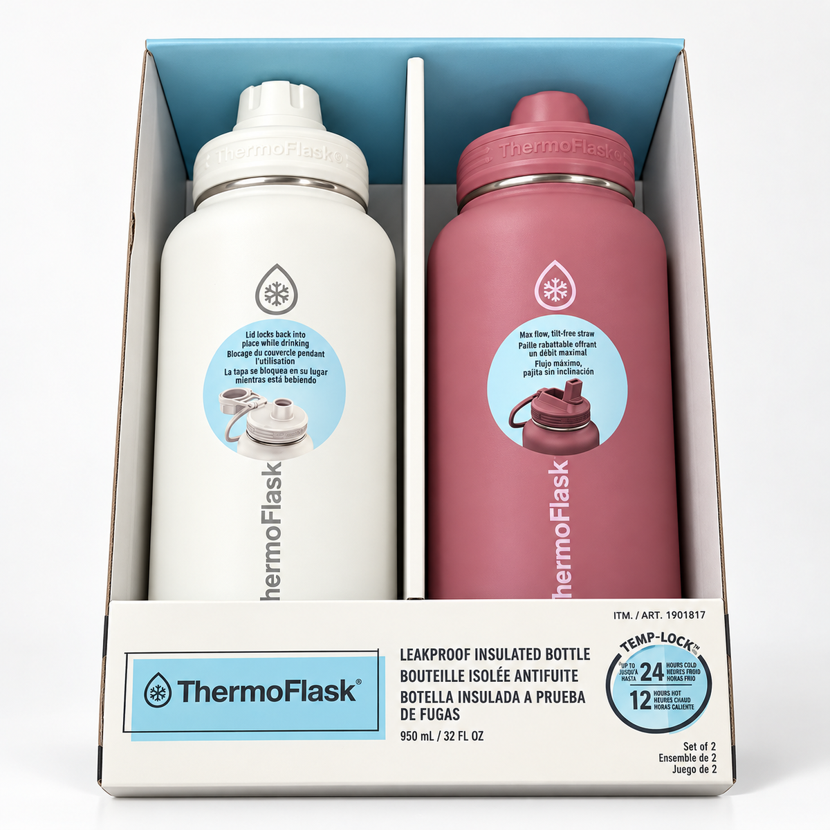 ThermoFlask 950ml insulated water bottles 2 pack in white and pink